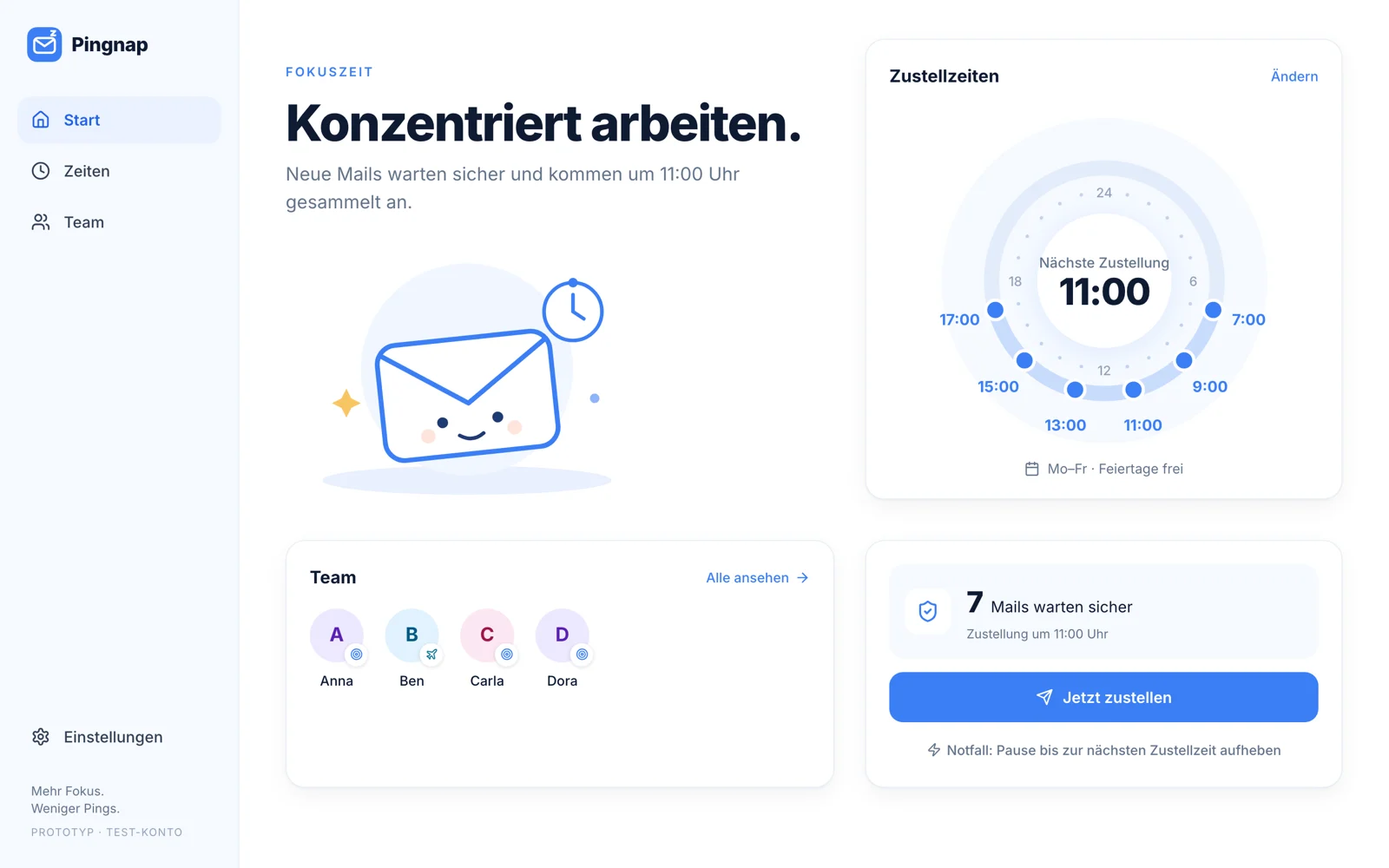 Pingnap-Startseite: Fokuszeit, nächste Zustellung um 11 Uhr, 7 Mails warten sicher